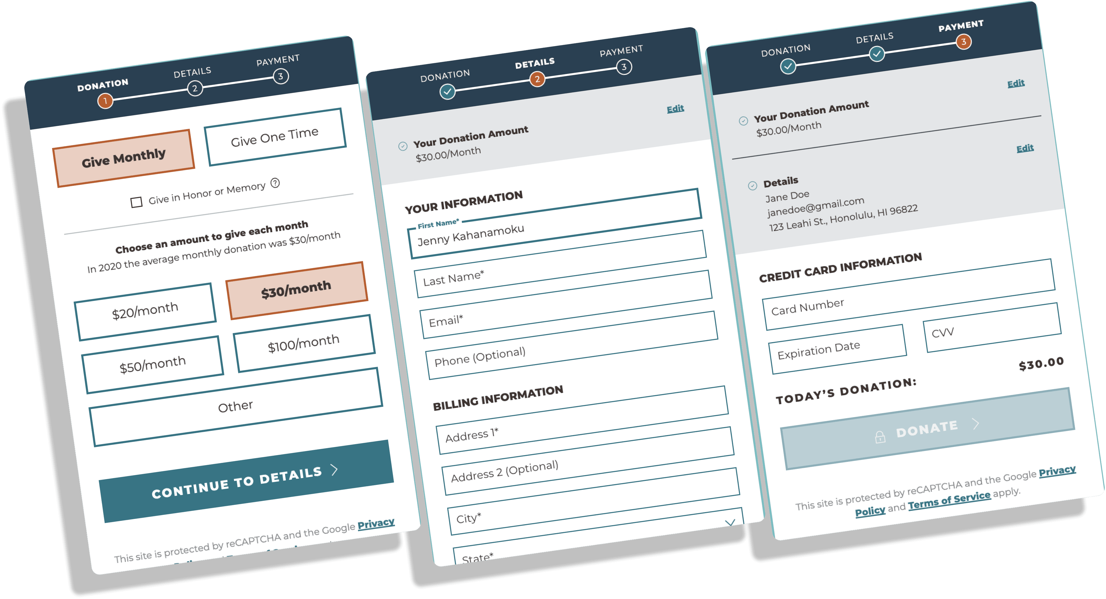 Three mobile interface images of Heifer's optimized donation form.