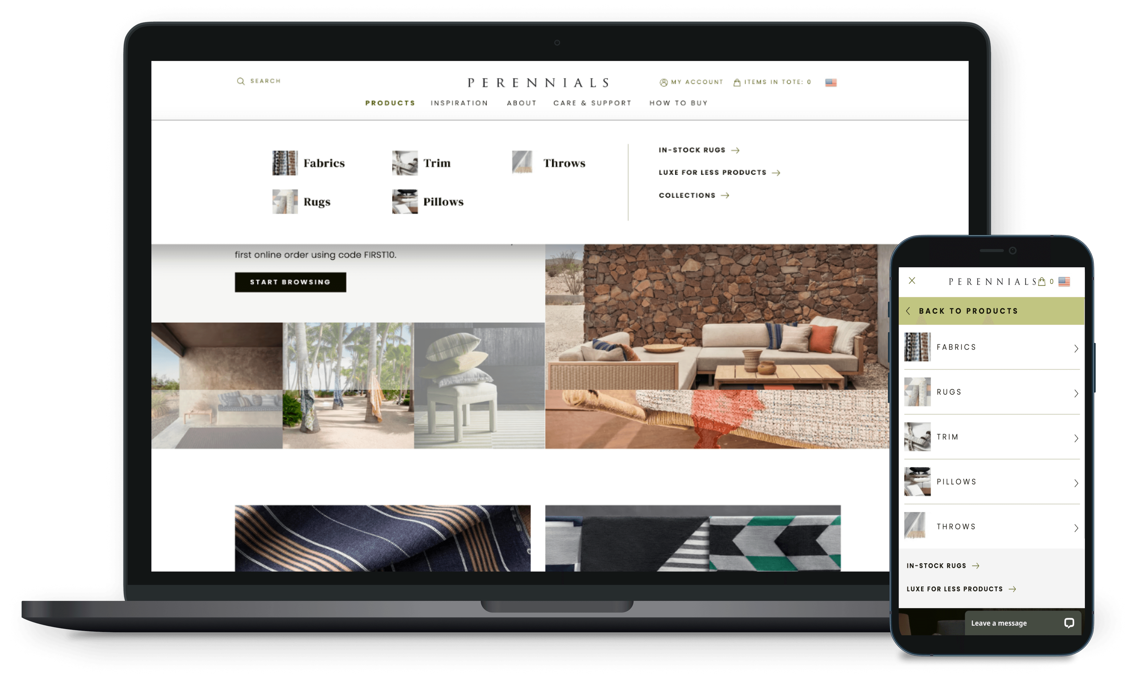 Image of Perennials Fabrics navigation experience on a laptop and mobile device.